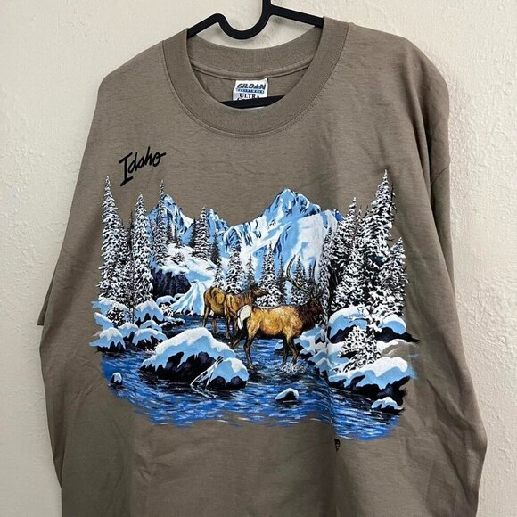 Brown vintage 90s Idaho graphic tee wirth snow mountain forest buck deer scene - Picture 3 of 8